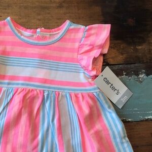 NWT Carter’s Dress Ruffle sleeve Neon stripes Baby Pink Blue Size 3m